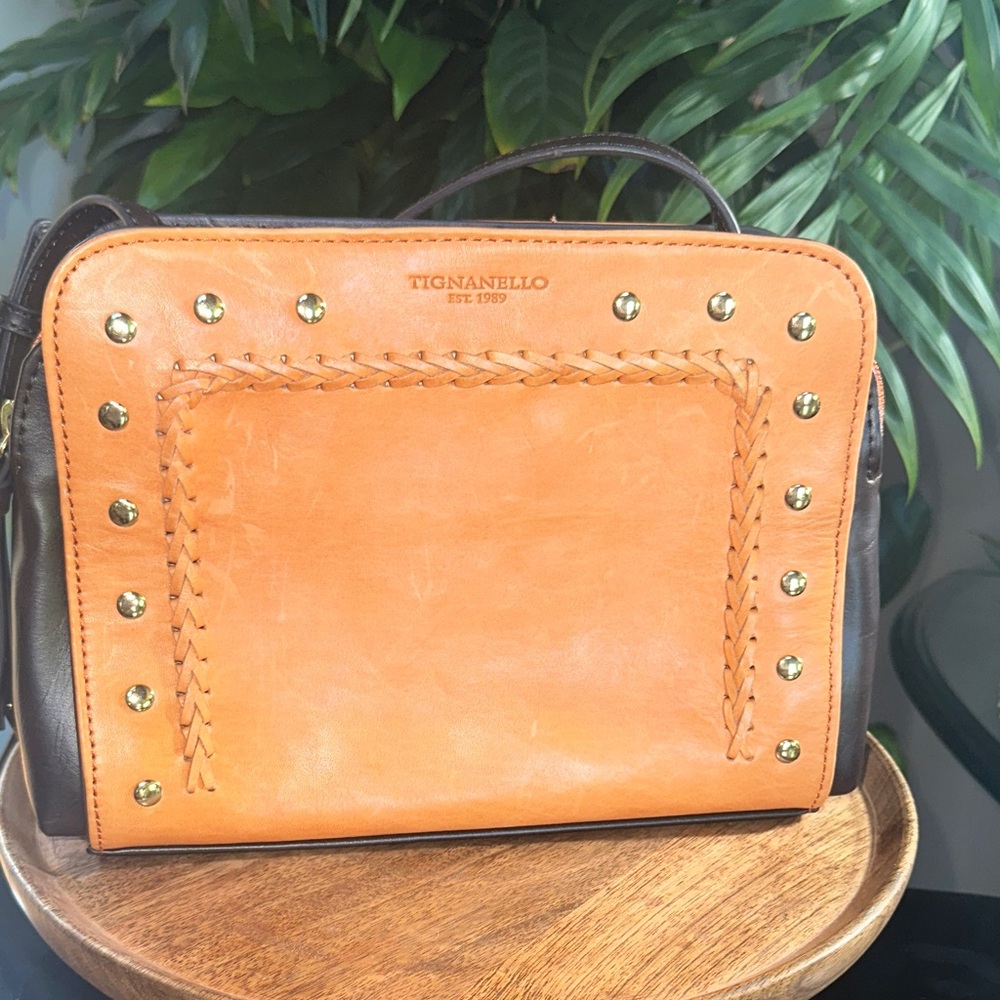 Tignanello Orange Brown Braided, Gold Studded Crossbody NWOT - Picture 1 of 15